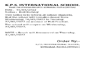 About Holi holiday & Result announcement